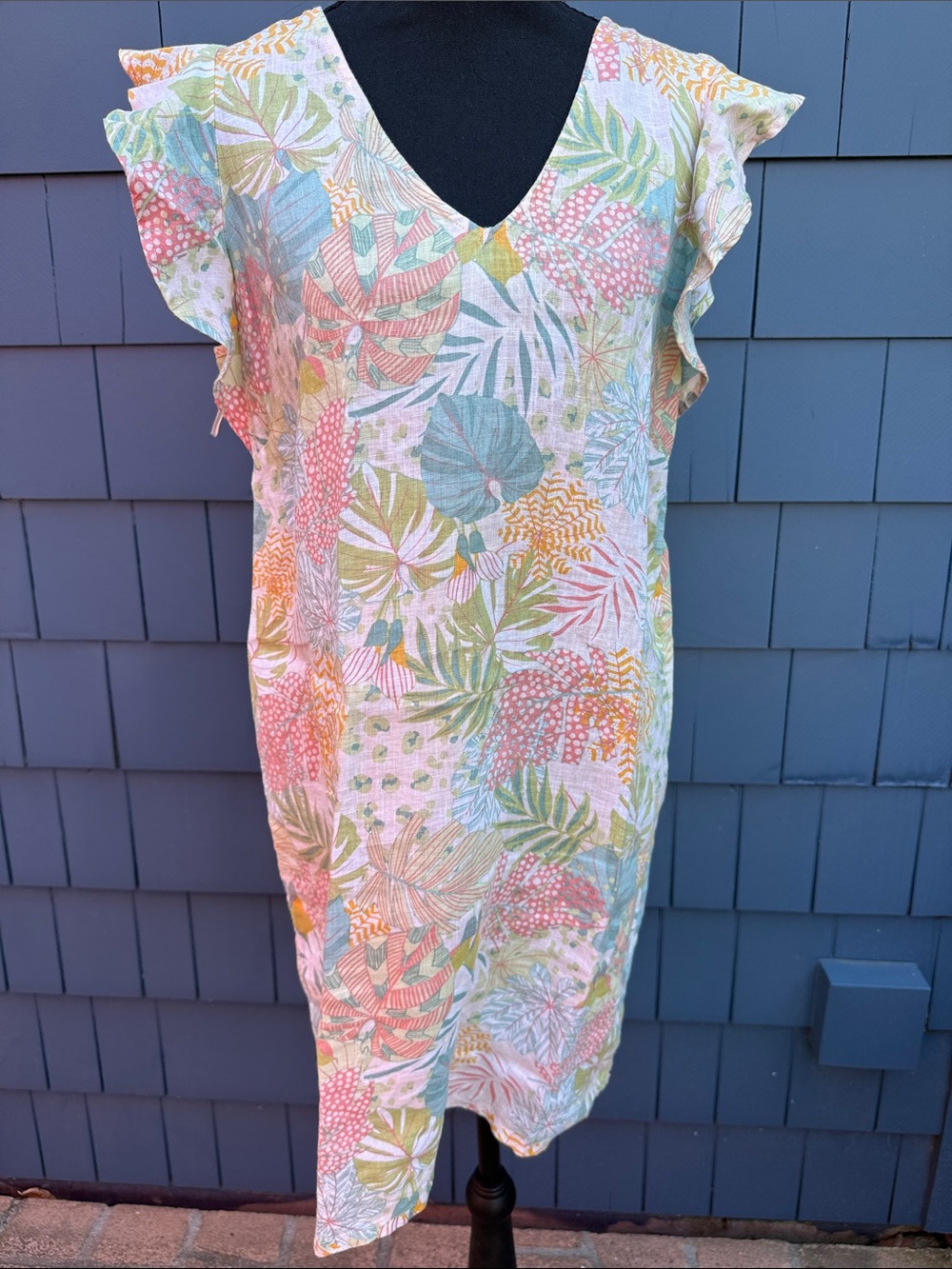 C&C California Pastel Tropical V-Neck Midi Dress linen small blue green